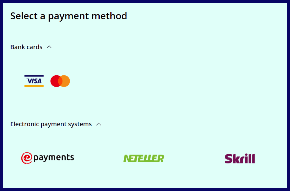 Payment method after registration for real accounts on olymptrade.com