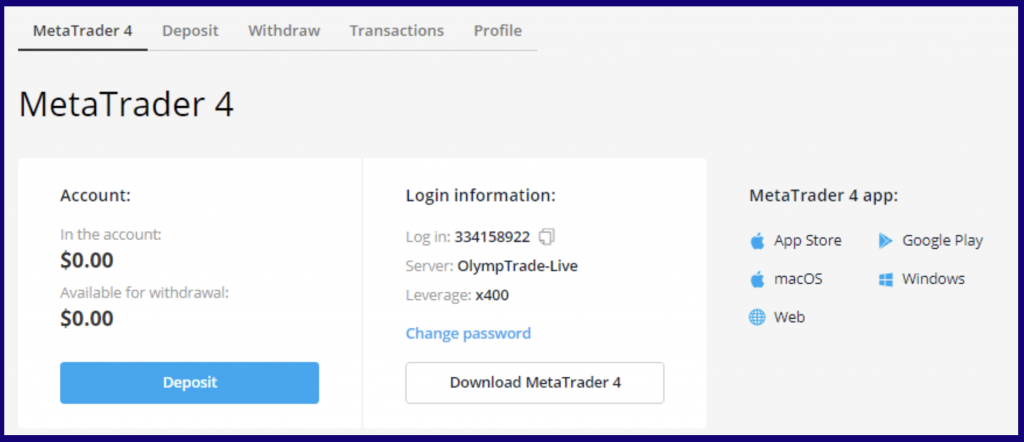 Download the terminal file MetaTrader 4 for trading on OlympTrade