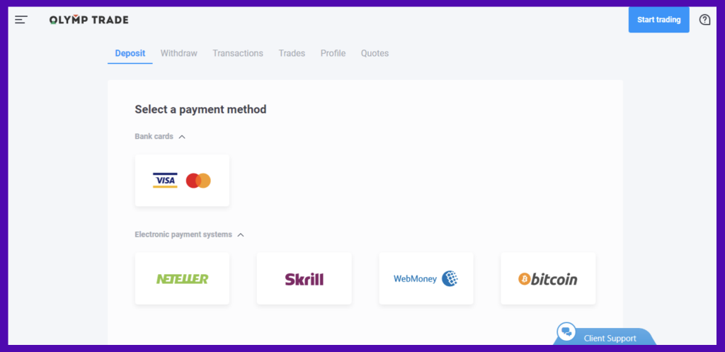 select a payment method for OlympTrade