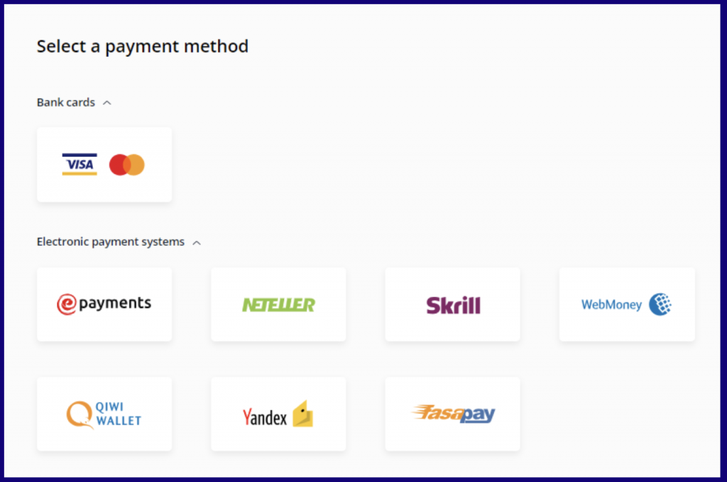 Select a payment method to make deposit on OlympTrade